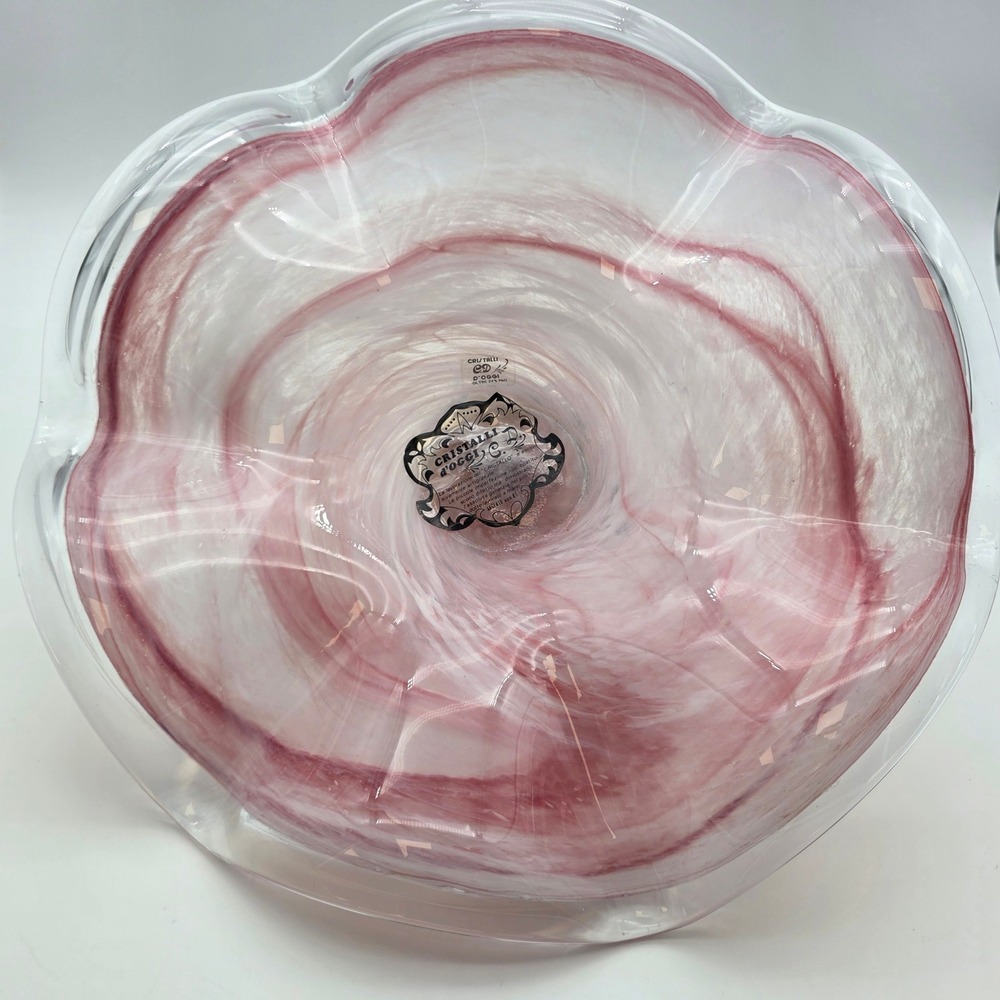 Cristalli d'Oggi Bowl Murano Glass Silver Fruit Base Pink White Swirl 12in